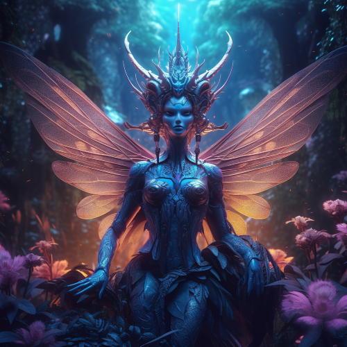 A photograph of a hauntingly beautiful alien queen with translucent wings, surrounded by a swarm of bioluminescent insects, in a vibrant psychedelic jungle, with surrealistic flowers and extra appendages, glowing with an ethereal light.