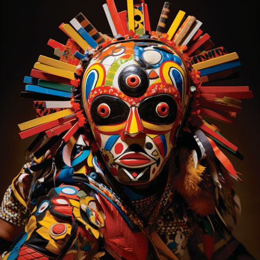 A Photograph capturing the essence of Taro Okamoto's vibrant and dynamic artwork, infused with the rich heritage of folk and tribal influences. The composition features bold, abstract forms and patterns, utilizing a warm and earthy color palette. The subject, a striking human figure adorned with intricate tribal markings, is engaged in a powerful and expressive dance. The image exudes energy, celebrating the connections between culture, art, and the human experience.