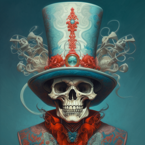 A painting of a skull with a hat, in the style of sci-fi baroque, light turquoise and red, fantastical contraptions, andrzej sykut, fantastic grotesque, prismatic portraits, giotto