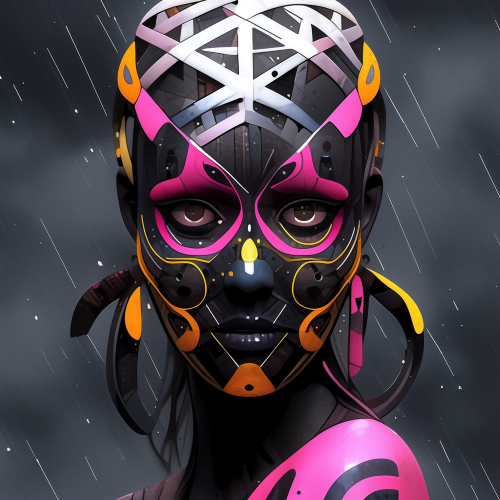 ultra realistic sexy yet creepy and absurd model with yellow and pink mask. gloomy lightning in the background. gritty. dark. occult. tribal. Op art --niji 5