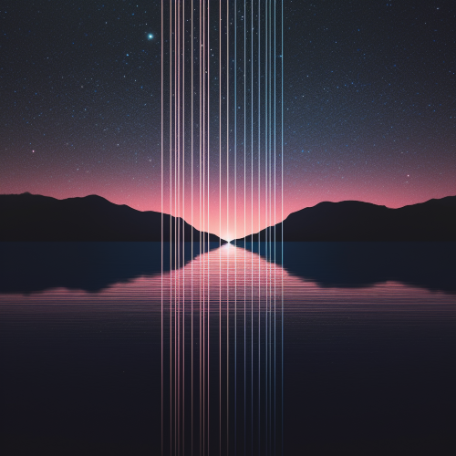 ascii. bioluminescent. a duotone pastel minimalist artwork depicting a serene night scene. primastic, dmt. Show a sliver of the moon casting a soft glow over a tranquil landscape. Capture the silence and stillness of the night through minimal color palette and clean lines