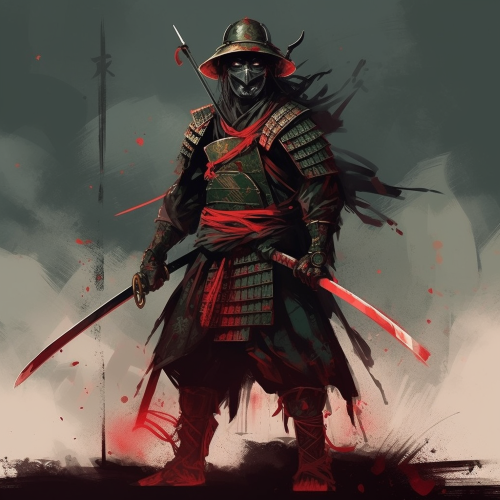 A masterful artistic interpretation of a samurai warrior in a combat stance, utilizing ultra - realistic, hyper - detailed techniques with a grungy, moody aesthetic. The color scheme should incorporate a dark green and red vibe, paying homage to the traditional Japanese style with an old - school vibe.