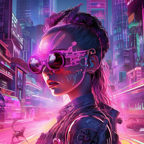 A dazzling digital rendering of a futuristic world in which a humanoid skull with bright pink glasses and headband floats above a dynamic city. The scene includes intricate details such as neon lights, complex circuitry, and metallic architecture. The style is a blend of surrealist and science fiction elements with a punk rock edge, inspired by the works of artists such as Alex Ross and Simon Bisley. The colors are electrifying and vivid, showcasing a post-apocalyptic landscape that is both beautiful and dangerous