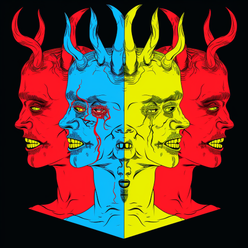 pop art of demons, bold colors and background. Symmetrical and minimal, the image is inspired by the works of Andy Warhol and Keith Haring. vibrant colors