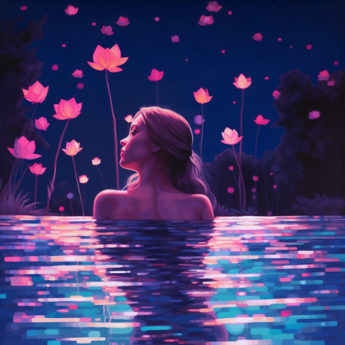 Create a cinematic, prismatic scene of a minimalist woman swimming in a pool at night, surrounded by bioluminescent flora, accentuating every curve. Employ hues of electric pinks, ocean blues, and vibrant purples to evoke an ethereal atmosphere