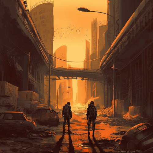 A dystopian post-apocalyptic city scene in the style of 1950s sci-fi retro-futurism. The city is in ruins and the characters are struggling to survive amidst the fallout. The color scheme should be muted with focus on rusty oranges, yellows, and browns. Incorporate radiation suits, scavenged weaponry, and mutated creatures into the piece. The scene takes place in a barren wasteland with decaying skyscrapers and obscured figures in the background