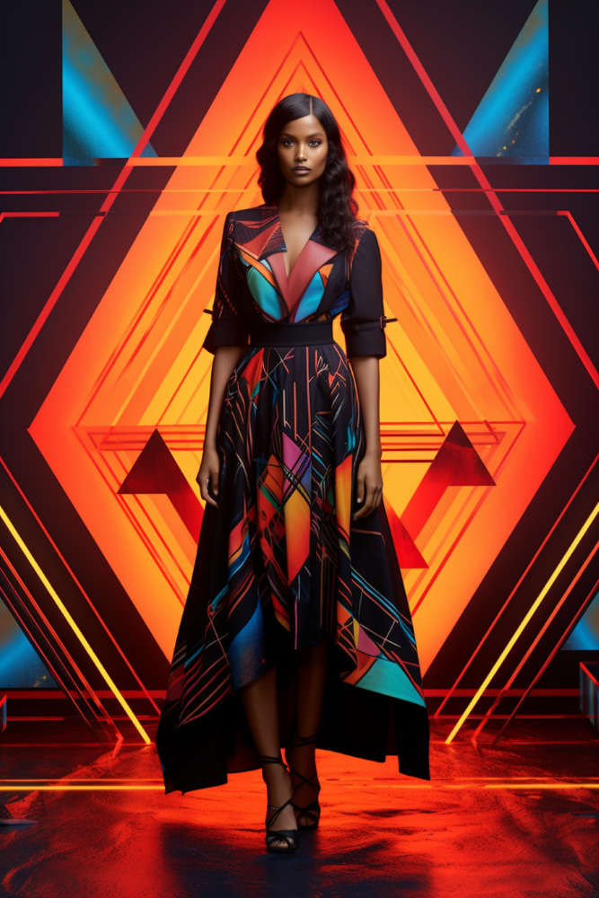 Create a mesmerizing duotone minimalism impression of space, blending folk & tribal elements. Unleash high imagination to depict celestial patterns amidst ancient symbols. fashion model in a cubism, kaleidoscopic and prismatic dress, bright neon flames