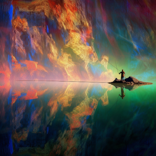 A photography that captures the essence of a magical dream - like world. An abstract man fishing on a cliff that overhangs a beautiful lake, with surreal and vibrant colors illuminating his reflection. The atmosphere is otherworldly, with soft moonlight casting ethereal shadows. The image creates a sense of depth and mystery, as if the viewer is being transported to another dimension. The effect is amplified by the use of double exposure, creating a beautiful and haunting composition.