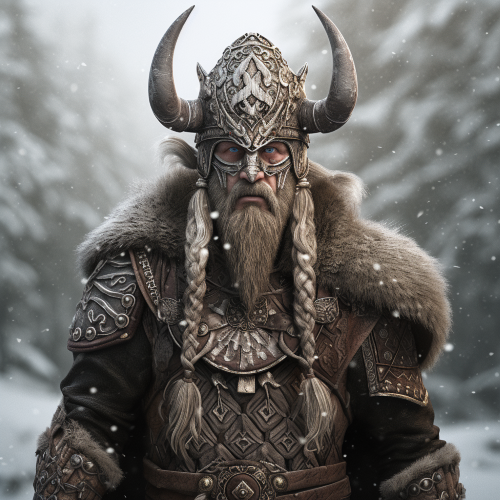 A photography of a fierce and grungy Scandinavian warrior Viking, portrayed in hyper - realistic and intricately detailed style. He stands in front of a snow - covered mountainous landscape, with his helmet adorned with antlers, and his leather armor embellished with metal studs and intricate carvings. The warrior has a wooden shield in one hand, adorned with Viking motifs, and a battle - axe in the other. The lighting is harsh, with strong shadows to emphasize the ruggedness of the Viking, and the camera angle is from a low position, looking upwards to capture his imposing presence. Capture every detail and texture of the warrior's costume and surroundings.