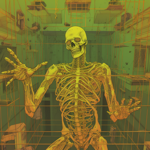 Create a mesmerizing illustration of a jailed skeleton in an all-yellow, high-security, futuristic prison. The gaunt skeleton is clutching the bars with bony fingers, a recent tattoo visible on its wrist, while drones whir overhead and the walls pulse with a sickly greenish-yellow light.