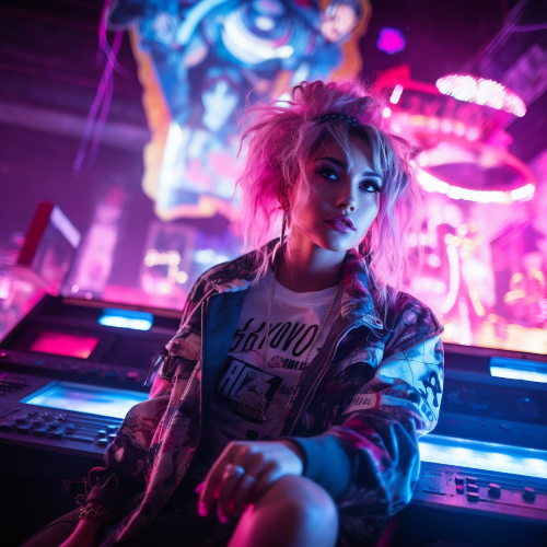 Photograph a vaporwave grunge, funk, and punk inspired scene with a pin up punk girl in oversized clothes, posing next to a giant glowing boombox. The background is a neon abyss, with graffiti, glitches, and faded retro graphics overlaying. The lighting, composition, and colors are meticulously planned to add surrealism and phantasmic qualities.