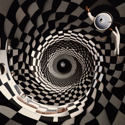A 4D artwork that portrays a black hole's intense gravitational pull, pulling objects towards its singularity while distorting space and time, in the style of M.C. Escher and Salvador Dali.