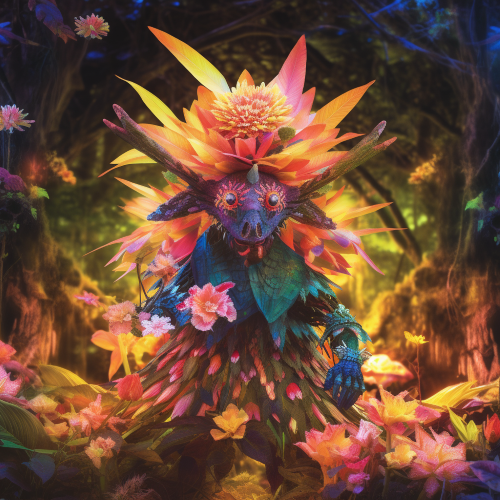 A photograph of a humanoid plant creature, deep in a forest of giant flowers. Its body is adorned with iridescent leaves, and it holds a staff emanating a warm glow. The creature seems to be communing with the forest spirits, and the flower petals seem to be dancing in response to its call. Multiple light sources create a kaleidoscopic effect on the petals.