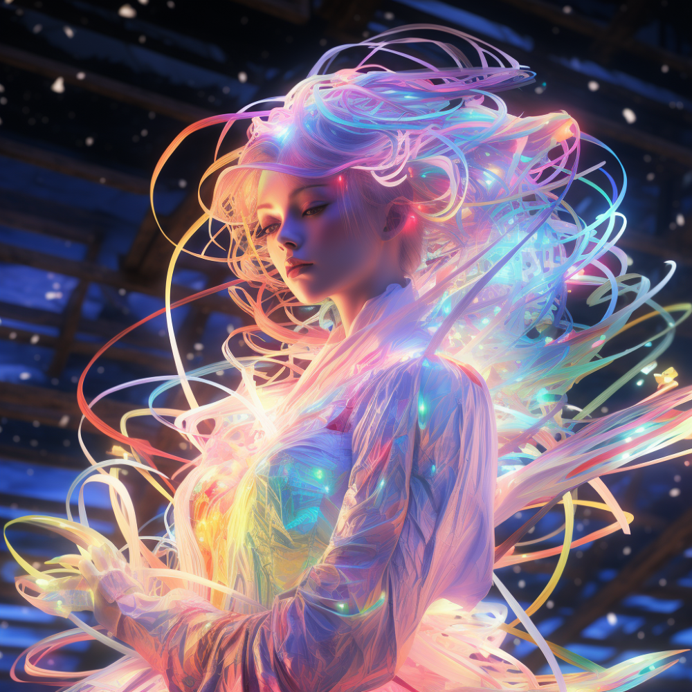 A Photograph of a spectral being, ethereal and translucent, surrounded by swirling ribbons of vibrant neon lights, in the style of anime surrealism.