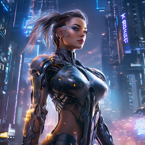 Create an epic sci-fi artwork that transports the viewer to a dystopian futuristic world where the sky is filled with towering skyscrapers and hoverships of all kinds. In the foreground, a fierce female cyborg stands tall and resolute among the ruins. Her metallic physique is adorned with intricate circuitry and glowing neon lights. She clutches a sleek, futuristic shotgun in one hand and points a glowing finger on the other, as if ready to unleash her wrath on any who may oppose her. The style should be a mix of steampunk and cyberpunk, with careful attention to intricate details and rich textures.