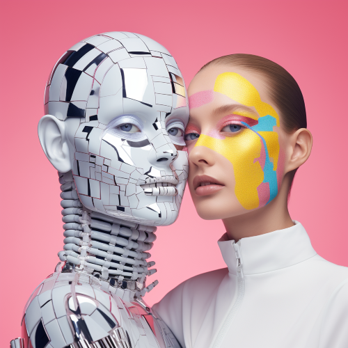 Photograph a human and a robot, painting each other faces. Fashion magazine cover. Achieve an editorial aesthetic with minimalism and bold pastel colors. Use a prismatic patterned background to make the image pop