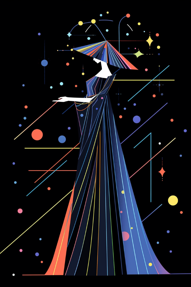 Night goddess looking up at the stars. meteor shower. binary stars dress with planet in background. line and geometric formula and curve. cubism, and prismatic