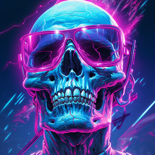 Electrified neon lightning, skull is wearing pink glasses and a pink headband, in the style of detailed science fiction illustrations, the blue rider, boldly fragmented, trashcore, editorial illustrations, electric color, hyper - detailed