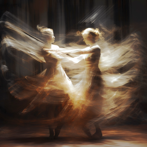 A photograph of two figures entangled in a blur of motion and emotion, with the movements and patterns of light creating a choreography of the senses, conveying a raw and intense energy.