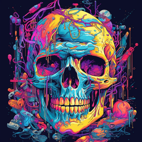 Create a noisy, glitched artwork that centers around the interplay between a rotting and skull and decaying, embodying the chaotic and abrasive style of Breakcore. Incorporate vibrant tones and bold lines to construct a surreal and disorienting piece.