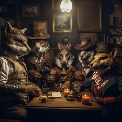 A photograph of a group of steampunk animals gathered in a dim, smoky attic. Each has a unique quirk, 20th-century attire. Stylishly lit, quirks highlighted, this photo will make you wonder.