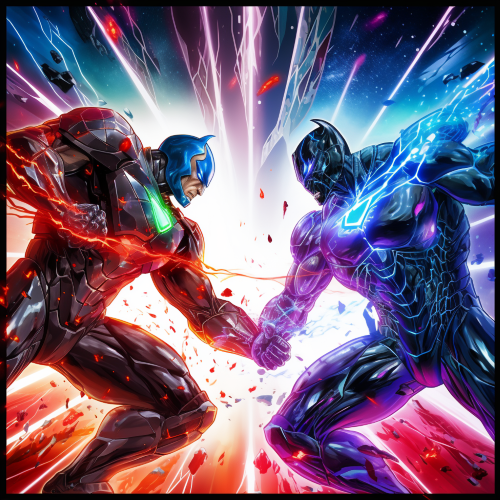 Create a high-octane superhero battle scene where a carbon-printed hero fights a formidable villain in a prismatic arena. The artwork should burst with vibrant colors and dynamic energy, showcasing the hero's strength and agility through action-packed poses and dazzling light effects. Sparkle and shine with glitter accents to elevate the comic book style to a glittering spectacle