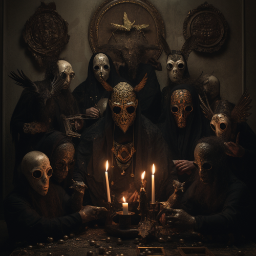 A photography of an Occult Odyssey that captures the essence of a dark and grudgy scene. The subject is a group of figures, with faces covered in intricate masks, performing a ritualistic ceremony surrounded by candles and shadows. The scene is intensely hyper - realistic, with every detail of the masks and the decorations capturing the essence of the occult. The camera angle is up - close and personal, drawing attention to the intensity of the scene, while the focus is sharp to bring out every detail of the masks and the individuals.