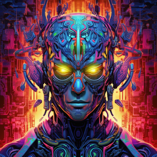 Create a vibrant, visually stimulating artwork that portrays a futuristic cyborg sporting psychedelic patterns and neon hues, forcefully bursting through a human. The robot should have an intricate design and dynamic energy, with intricate circuitry and metallic textures. The contrast between the organic and mechanical elements should intensify the shocking and psychedelic nature of the scene.