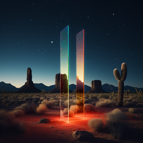 hyper realistic. photograph. desert at night. sun behind the curve with stars, comet and planets. Prismatic geometric glowing monoliths. rectangle glowing with floating neon glass orb. Surreal minimalist. vibrant column colors