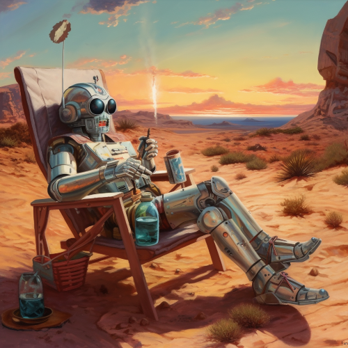 A photograph of a retro-futuristic robot experiencing a mid-life crisis in a post-apocalyptic desert landscape. The robot is reclining in a lawn chair while wearing a Hawaiian shirt, sipping a martini and staring blankly at a painting of a sunset.