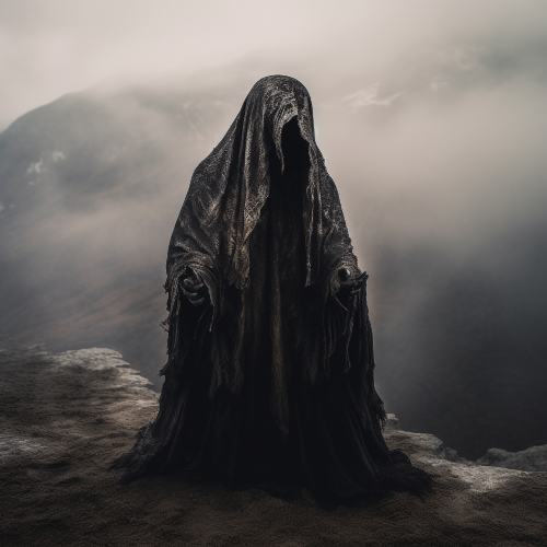 A photography capturing a Nazgul, the feared servant of Sauron, hovering ominously above a mist - veiled landscape, while wearing a dark robe that hides its face. The Nazgul is depicted with a intricate and detailed design, showcasing its creased and crinkled robe, as well as its distinct, textured armor. The Nazgul is set against a background of complex layers and textures, with the fog and mist including hints of death and decay