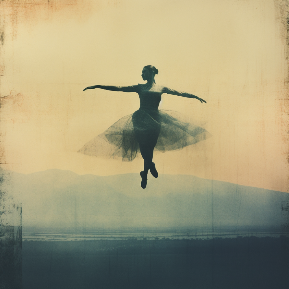 Horrific, Surrealism, Ornamental, Duotone. Gum Bichromate, Pastel Colors. Photograph of a jumping ballet dancer, bizarre masked in a glitched minimalist landscape, where binary code seamlessly merges with serene elements.