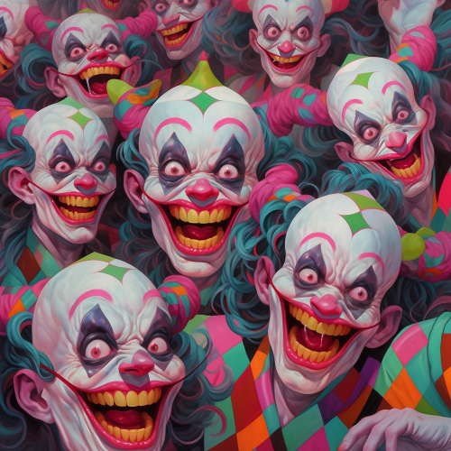 In a dystopian backdrop, illustrate a holographic army of grotesque clowns, their translucent faces a disturbing mix of humor and horror, emerging from the shadows starkly contrasting vibrant color splashes. Intricate tilework patterns reflect distorted clown figures, to evoke harrowing uncertainty. --niji 5