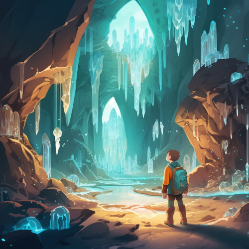 Create an illustration of a fantastical cave filled with glowing crystals and underground waterfalls, featuring a young explorer with a glowing map and backpack standing in the foreground. The style should be highly imaginative and whimsical with a focus on soft colors and light.