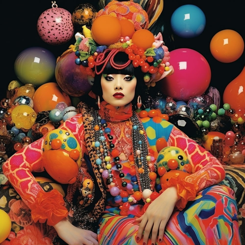 A Photograph of a maximalist tableau: Boldly mix patterns, textures, and neon colors in a kitsch fashion scene. Opulent accessories and flamboyant attire create a visual feast that defies convention in the world of design. (Artist inspiration: Yayoi Kusama, Richard Avedon) 