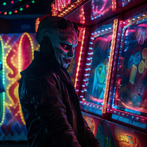 A photograph of a mysterious figure, lurking in shadow at the edge of a vibrant carnival. The figure is partially concealed by a carnival game, but their eyes are revealed with an otherworldly glow. The background is saturated with color and sparkling lights, an atmosphere of happiness and celebration. Through the lens of the camera, capture the creeping suspicion that the figure is not quite human, an otherworldly being hidden amongst the joyous chaos