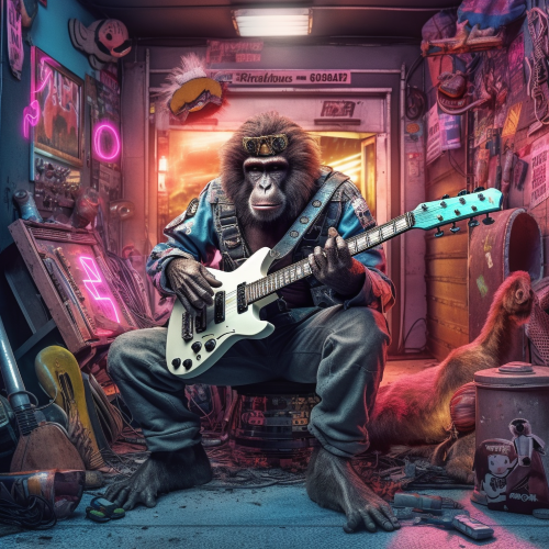 A photograph of a bored ape in a post-apocalyptic world playing a guitar with cybernetic arms. The ape should be surrounded by neon street art, graffiti, and symbols of destruction. Include a juxtaposition of nature and the man-made, combining elements of hyper-realism and low-poly aesthetics.