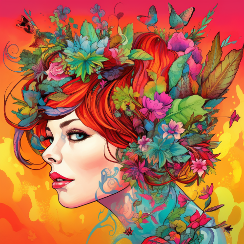 Create a surreal portrait of a woman with a whimsical vegetal haircut, featuring vibrant and colorful natural elements like flowers, leaves, and vines. The style should be a fusion of Art Nouveau and Pop Art, with bold lines and bright colors, in the manner of Alphonse Mucha and Andy Warhol.