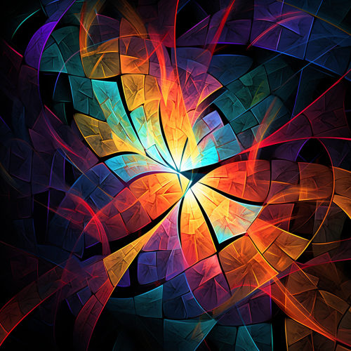 Multidimensional entity that glows and vibrates with gradients of prismatic colors, placed in a low-key setting, contrast between dark shadows and sharp edges. Crackling energy. Abstract composition, with fractal patterns emerging from the entity's form as it seems to shift through different dimensions.