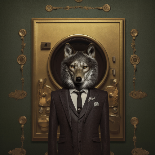 Create a striking and surreal image of a wolf dressed in a sharp blazer, standing in front of an old - fashioned bank vault, with a sly and mischievous expression. The style should be reminiscent of Rene Magritte or Salvador Dali, filled with dreamlike details and unexpected elements.