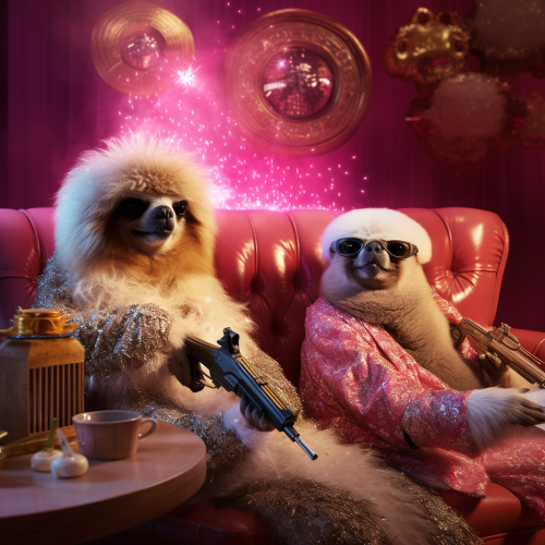 A photograph of a glamorous sloth and an alpaca with a cash gun in the style of 1970s exploitation films. Shot with a low-angle perspective and warm lighting, the focus is on a slow-motion capture of the alpaca firing off cash, while the sloth lounges on a fur-lined divan in a sequin jumpsuit and feather boa. The background is a psychedelic, neon-lit dreamscape of stars, rainbows, and palm trees, suggestive of an unsavory world of decadence, glitter, and vice.