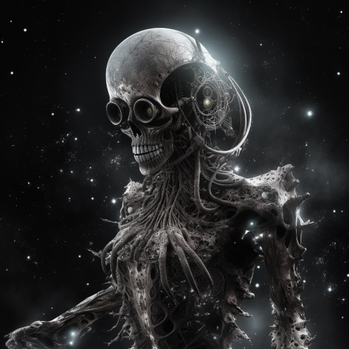 A photography prompt that portrays a surreal biomechanical creature with gears for a body and a crystal head, standing stoically before a black hole surrounded by cosmic dust and swirling celestial bodies. The creature resembles a fusion of HR Giger's and Zdzisław Beksiński's styles, with incredible detail in the metal and crystal textures, giving it an eerie sense of realism. The camera angle is from a low position, looking up at the creature to emphasise its majestic stance, and the lighting is dim and diffused, with a blue - purple hue to create a futuristic space atmosphere.