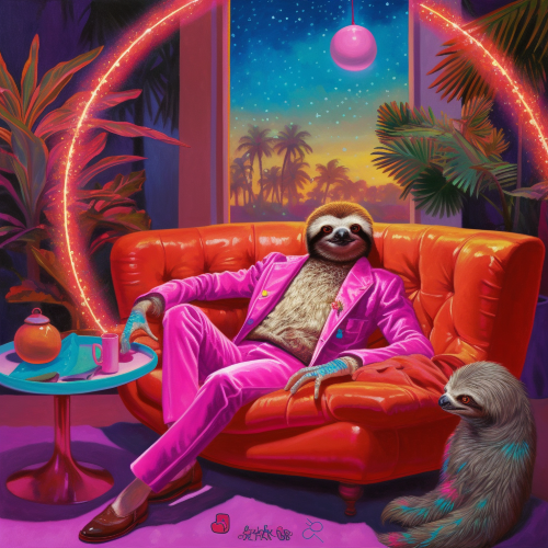 A retro-inspired oil painting of a luxurious anthropomorphic sloth on a fur-lined divan. The sloth appears fashionable, adorned with both jewelry and a glimmering jumpsuit. The hot-pink, neon-lit surroundings should embody the indulgent atmosphere of the 1970s, with a surreal dreamscape of stars and palm trees lurking in the background. The sloth's expression playing off the tantalizingly garish surroundings. hip hop aesthetics, wealthy portraiture, photorealistic