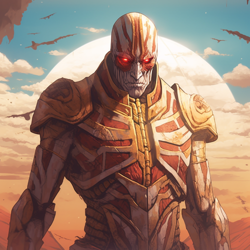 Imagine a colossal Titan half-buried in a vast desert, surrounded by sand dunes stretching for miles. The Titan wears an ancient Egyptian headdress with intricate gold ornaments, and its body is adorned with tribal tattoos and mysterious symbols. The sun sets behind the Titan, casting an orange glow on the sand, while the clear night sky above is filled with a plethora of stars and a magnificent aurora borealis. The overall style should reflect the works of Michael Whelan and Frank Frazetta, with a dash of surrealism and a highly detailed rendering.