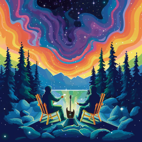 Create an artwork inspired by the aurora borealis, where two identical twins are depicted sitting on a bench with the stars above. They each hold an electric guitar, which is plugged into the aurora borealis - which glows and illuminates the surrounding landscape. The artwork should be in the style of 1960s psychedelic posters; vibrant, lost and found edges, with bold contrasting colors. The twins should be dressed in all-black outfits with black gloves, conveying a mysterious aura.