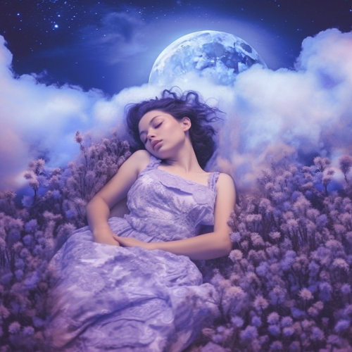 A photograph of a woman in a field of lavender, laying in a bed of clouds with the moon shining above. Surrounding her are whimsical, colorful creatures, each unique and fantastical. Everything is bathed in moonlight, and the colors are monochromatic, blues and purples. The angle is slightly aerial and candid, creating a feeling of being there within a dream