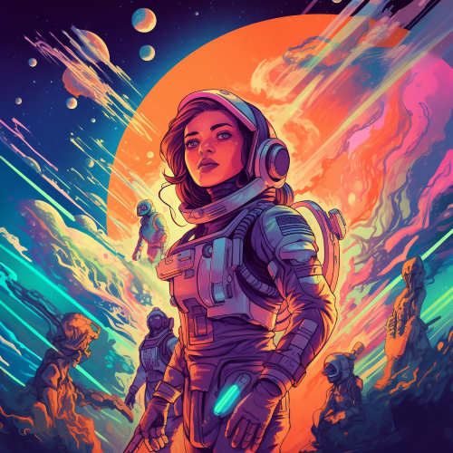 Create a digital art of a futuristic space opera, featuring a group of rogue astronauts on the run from a dangerous space empire. The epic scene should be set on a mysterious planet, where the heroes must fight their way through an army of alien creatures to reach their stolen spacecraft. The style should be a fusion of retro-futurism and sci-fi anime, with a vibrant color palette inspired by the aurora borealis. The art should showcase futuristic technology and weapons, including a sleek spaceship, robotic companions, holographic interfaces, and an epic battle scene that includes laser beams and explosions.