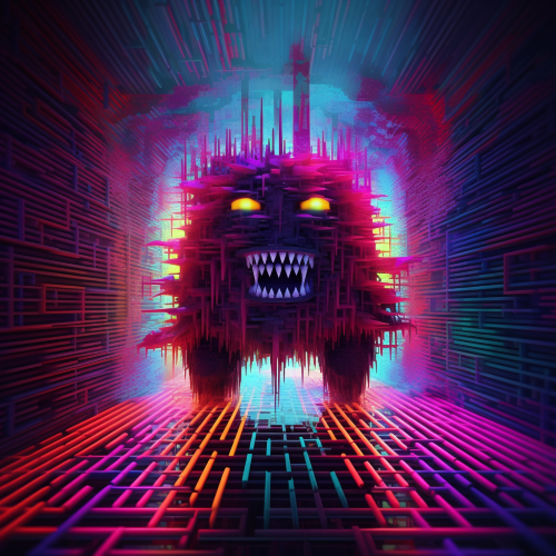 A photograph of a time and space - monster, with glitch and pixel effects, poised on the brink of a portal. The monster has features altering to match the distortions of the glitched portal. The lighting, both hard and soft, captures the monster in a surreal, unconventional way, while the composition and vibrant colors emphasize the monster's menace.