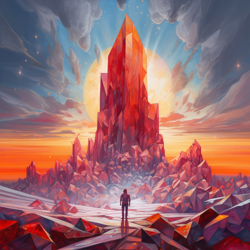 A vast and breathtaking landscape of an otherworldly realm, with towering crystal structures catching the light of a vibrant double sun. A singular figure, an ambiguous silhouette of an AI, is strolling curiously through this landscape, creating a beautiful yet intriguing dichotomy between the realms of imagination and the algorithmic existence.