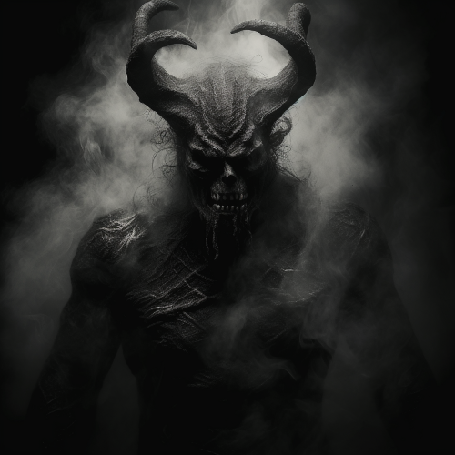 A photography of a demon that captures the darkness within. The subject should be blurred, as if lurking through a background of smoke and shadows. The image should be shot in monochrome, with a high contrast between the black and white tones, emphasizing the ominous feeling. The composition should create a sense of tension, confusion, or even unease. 